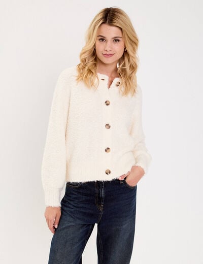Gilet bouclette col rond manches longues ivoire femme