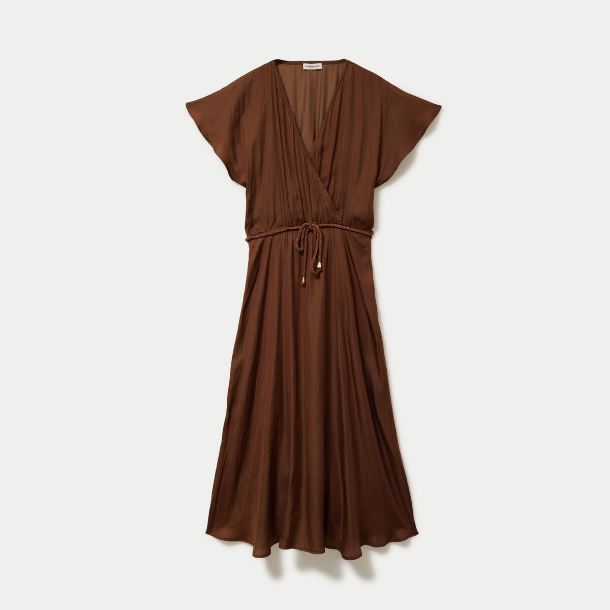 Robe longue &eacute;vas&eacute;e col v satin&eacute;e marron femme