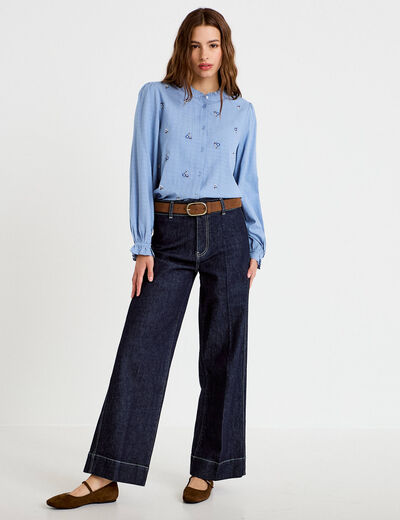 Blouse droite courte broderie bleu femme
