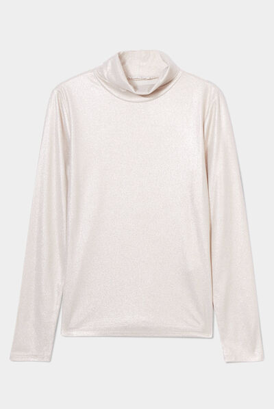 T-shirt métallisé col roulé ecru femme