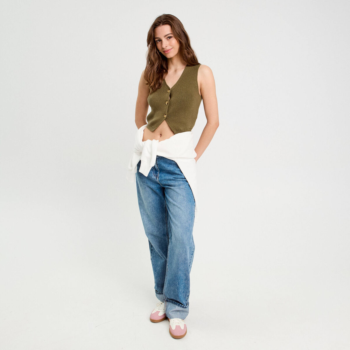 Gilet sans manches col en V vert kaki femme