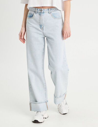 Jeans droit avec ourlets denim bleach femme