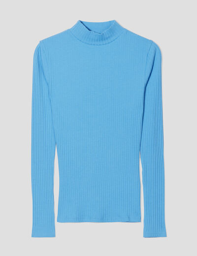 T-shirt côtelé col montant bleu femme