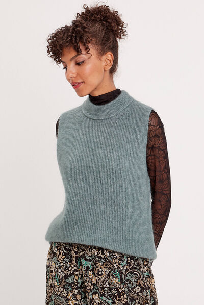 Pull sans manches col roulé vert foncé femme