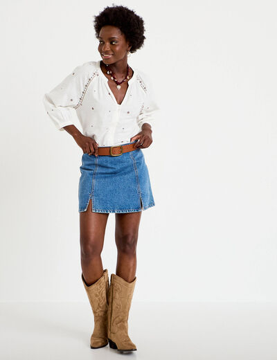 Jupe-short trap&egrave;ze en jean denim double stone femme