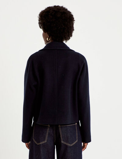 Caban droit col montant manches longues bleu marine femme