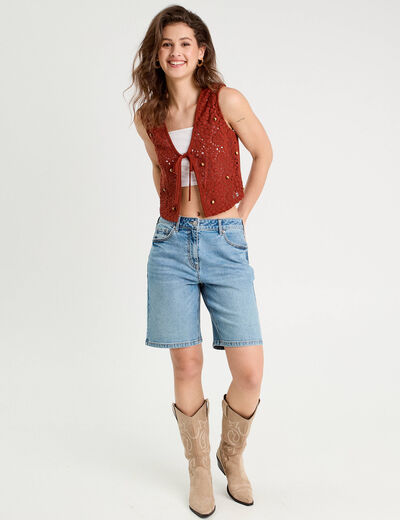 Gilet noué effet crochet marron cognac femme