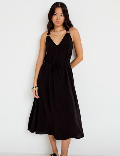 Robe longue droite col v bretelles fines noir femme
