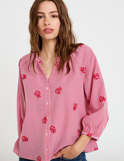 Blouse col v manches 3/4 broderie rouge femme