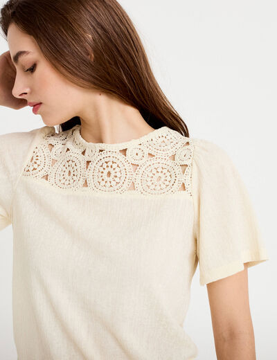 T-shirt manches courtes aspect dentelle ecru femme