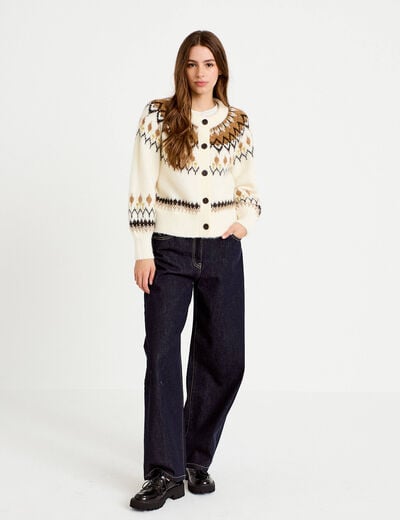 Gilet col rond manches longues ivoire femme