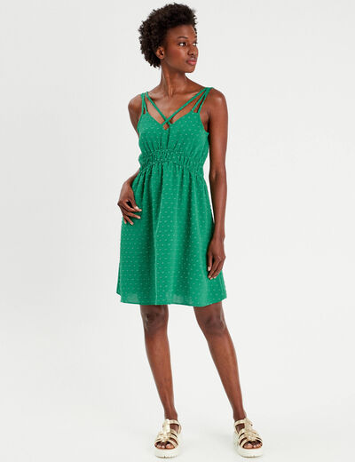Robe évasée fluide plumetis vert femme