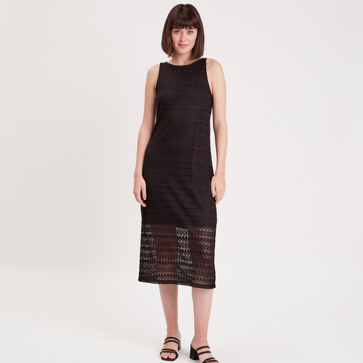 Robe longue droite ajourée noir femme