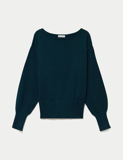 Pull oversize col bateau manches longues vert fonc&eacute; femme