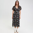 Robe évasée col v manches courtes noir femme