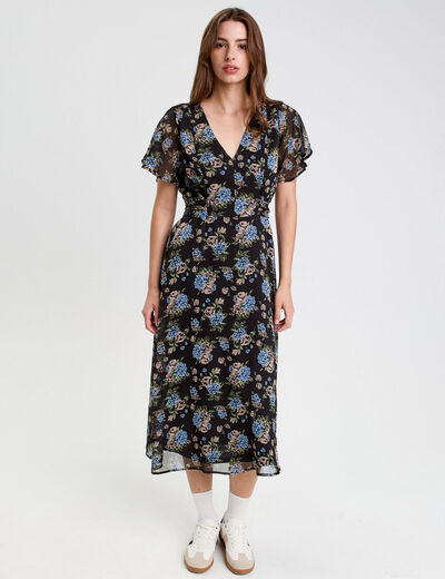 Robe évasée col v manches courtes noir femme