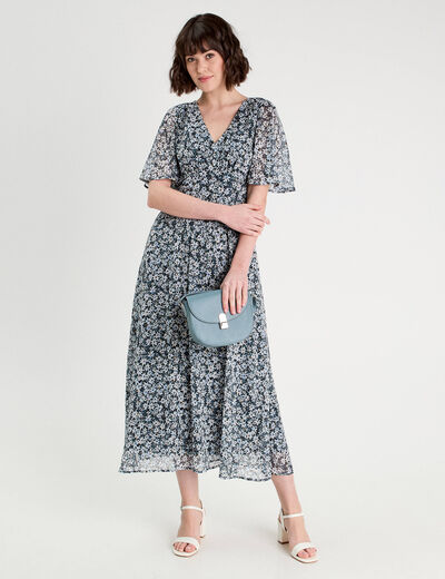 Robe longue évasée col en V bleu femme