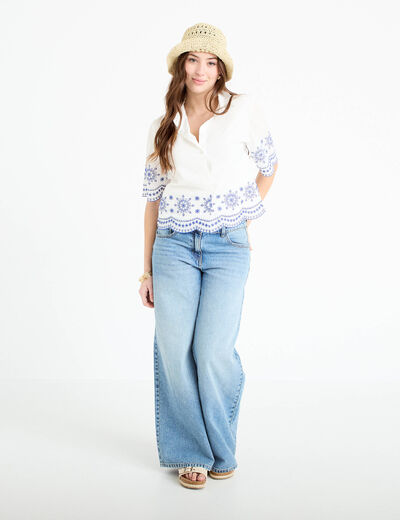 Chemise brod&eacute;e manches courtes ecru femme
