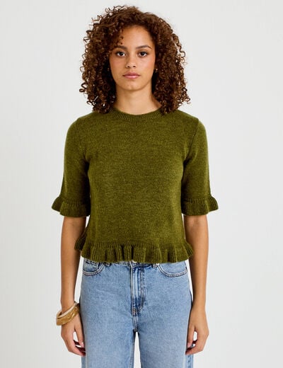 Pull col rond manches courtes vert fonc&eacute; femme
