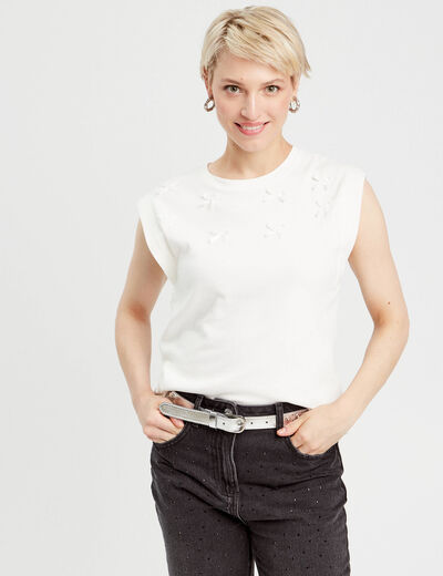 T-shirt sans manches noeuds ecru femme