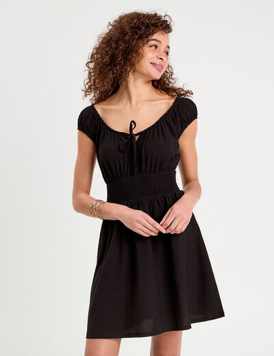 Robe évasée taille smockée noir femme