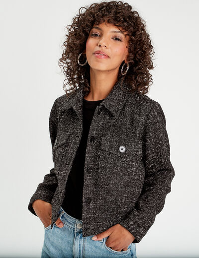 Veste boutonnée tweed noir femme