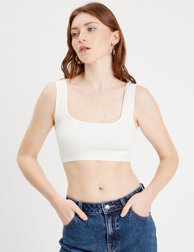Débardeur cropped côtelé ecru femme