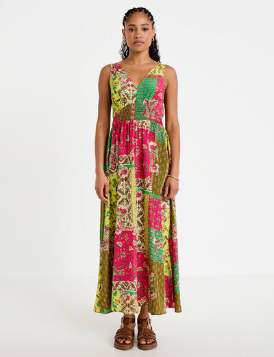 Robe longue &eacute;vas&eacute;e effet satin&eacute;e vert femme