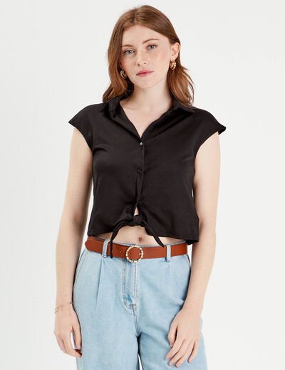 Blouse manches courtes nouée noir femme