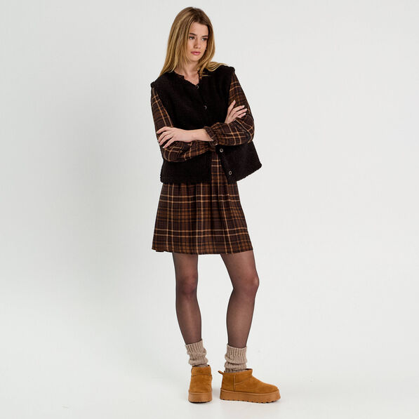 Robe évasée détails dentelle marron foncé femme