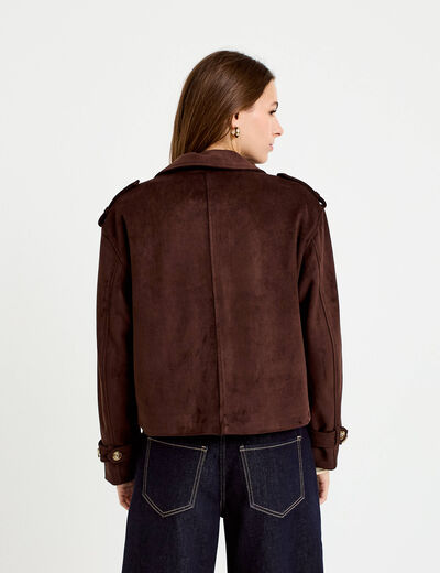 Trench droit manches longues aspect daim marron chocolat femme