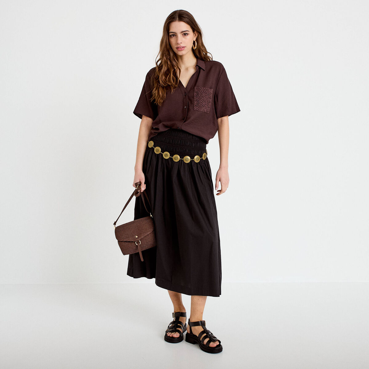 Chemise droite cropped manches courtes marron fonc&eacute; femme