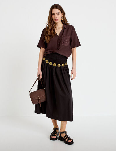 Chemise droite cropped manches courtes marron fonc&eacute; femme