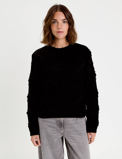 Pull fleurs en relief noir femme