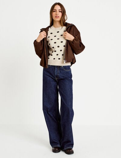 Pull cintr&eacute; col rond manches courtes ecru femme