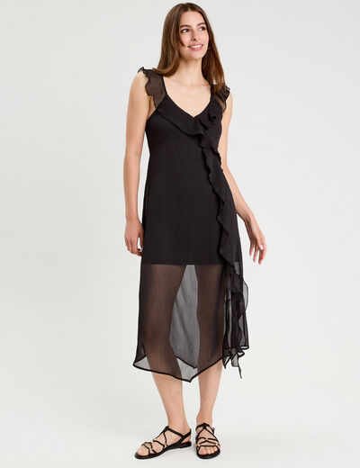Robe longue évasée volants noir femme