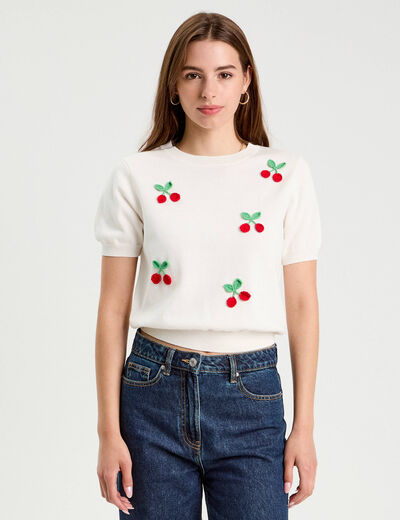 Pull manches courtes patchs ecru femme