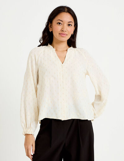 Blouse ample manches longues chin&eacute;e ecru femme