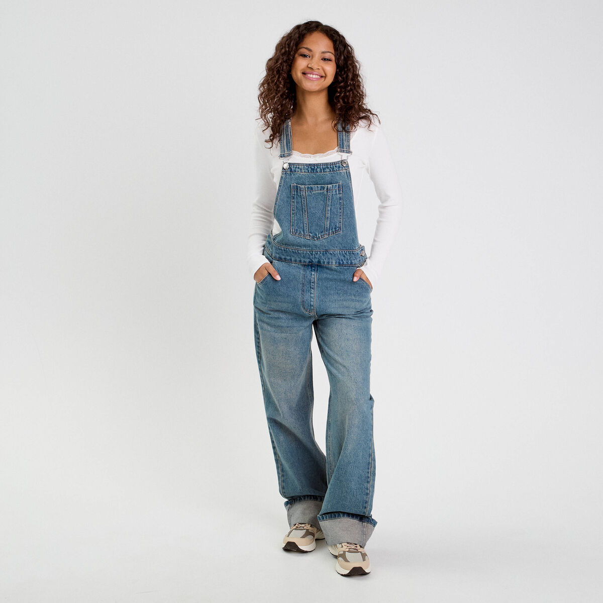 Salopette large en jean denim double stone femme