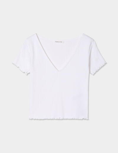 T-shirt côtelé manches courtes blanc femme