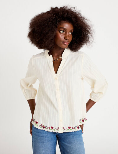Blouse broderie col v manches 3/4 ecru femme