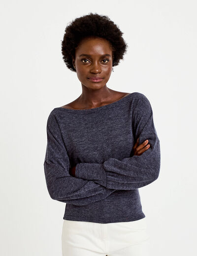 Pull col bateau manches longues bleu marine femme