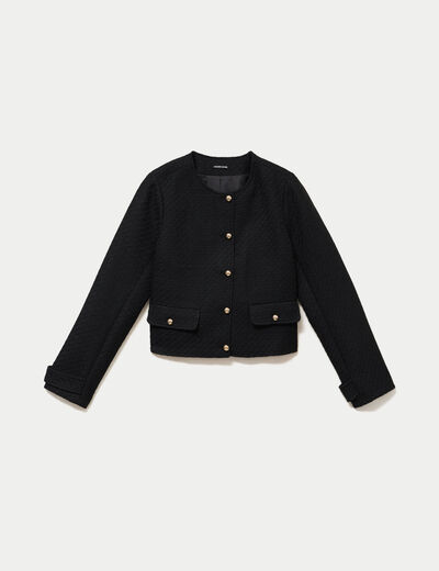 Veste tweed cintr&eacute;e cropped col mao noir femme