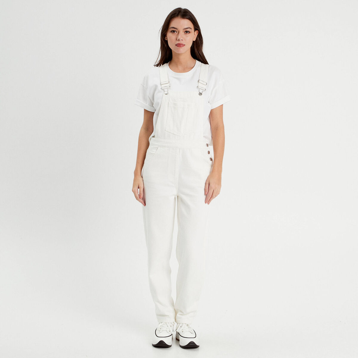 Salopette droite en jean ecru femme