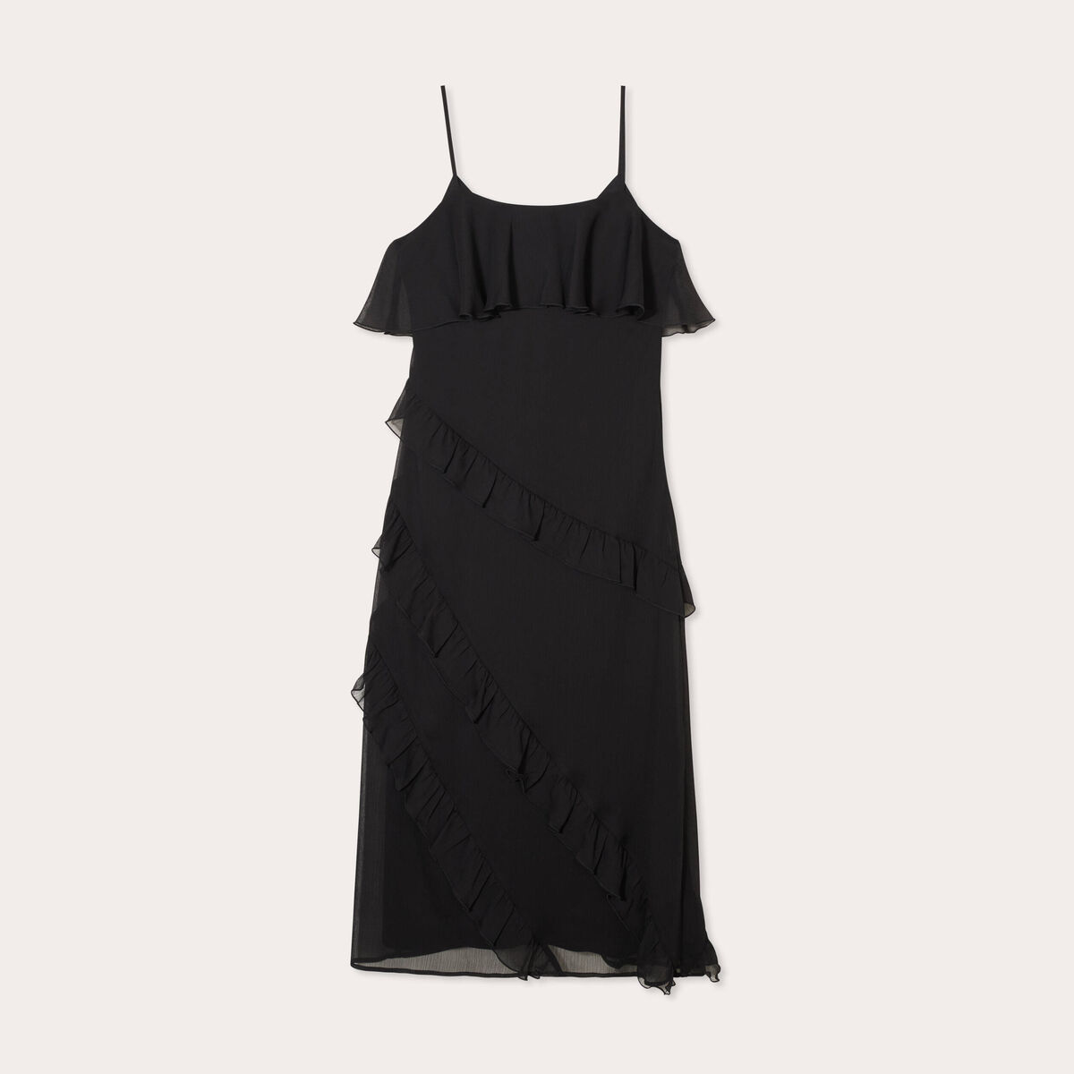 Robe longue droite volants noir femme