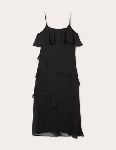 Robe longue droite volants noir femme