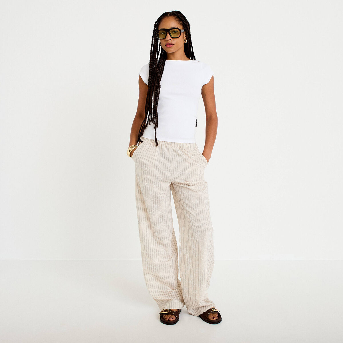 Pantalon large taille haute creme femme