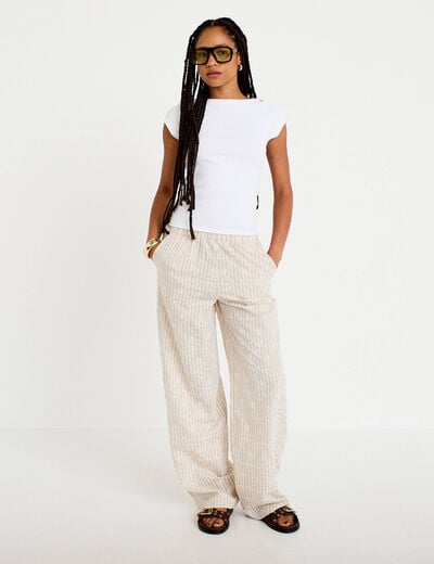 Pantalon large taille haute creme femme