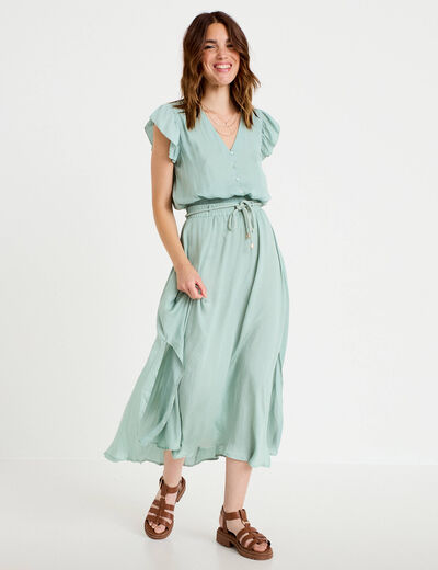 Jupe longue &eacute;vas&eacute;e satin vert pastel femme