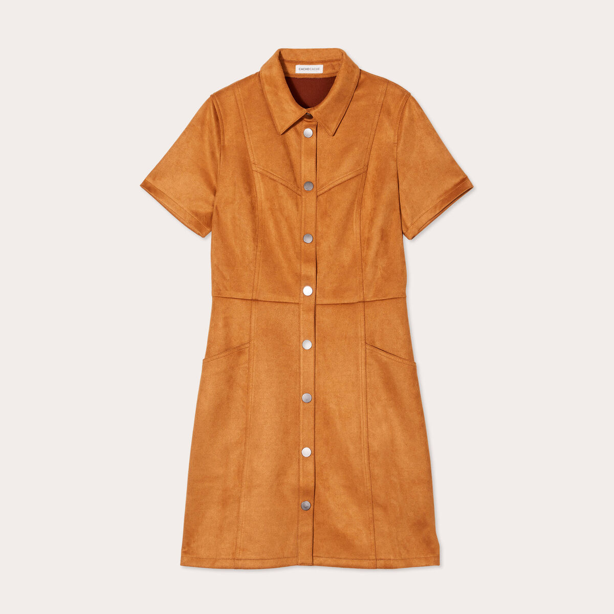 Robe droite boutonnée suédine camel femme